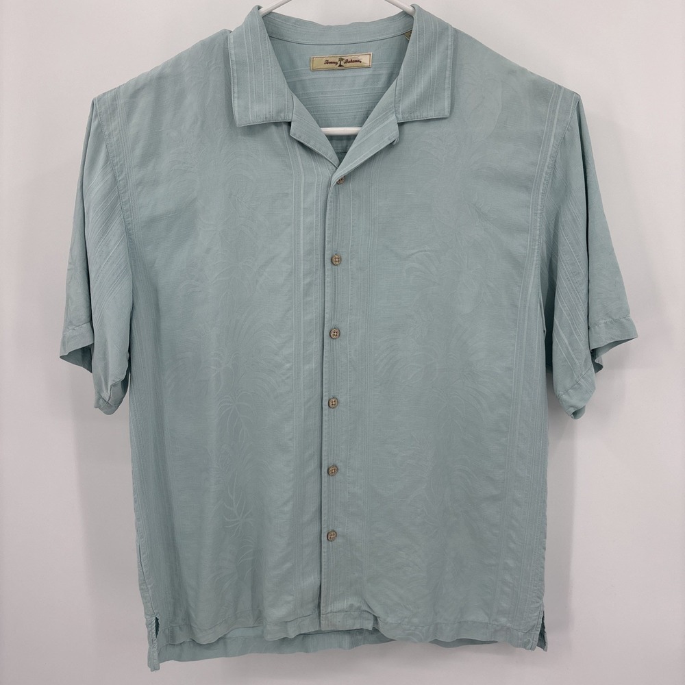Tommy Bahama Mens Seafoam Light Blue Silk Camp Hawaiian Shirt Size XL Beach